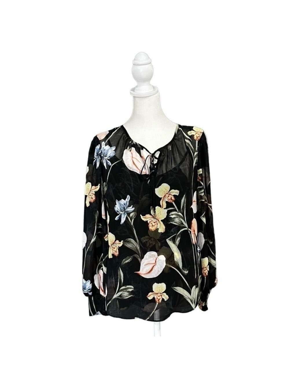 White House Black Market Sheer Floral Tie Neck Blouse Black Size XS